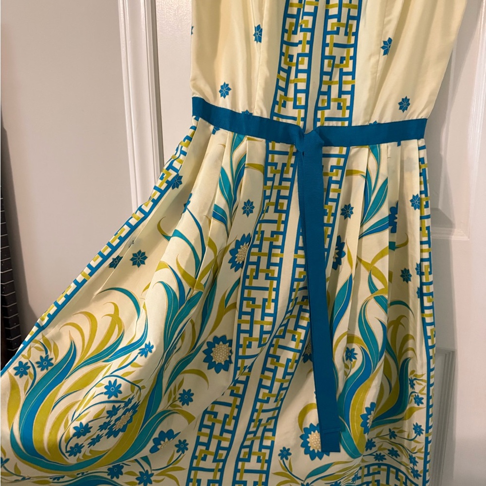 Blue and Cream Silk A-Line Midi Dress sz4